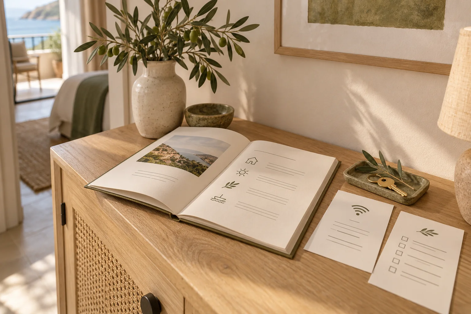 A guest handbook, Wi-Fi sheet, checkout checklist and keys on a holiday-home console