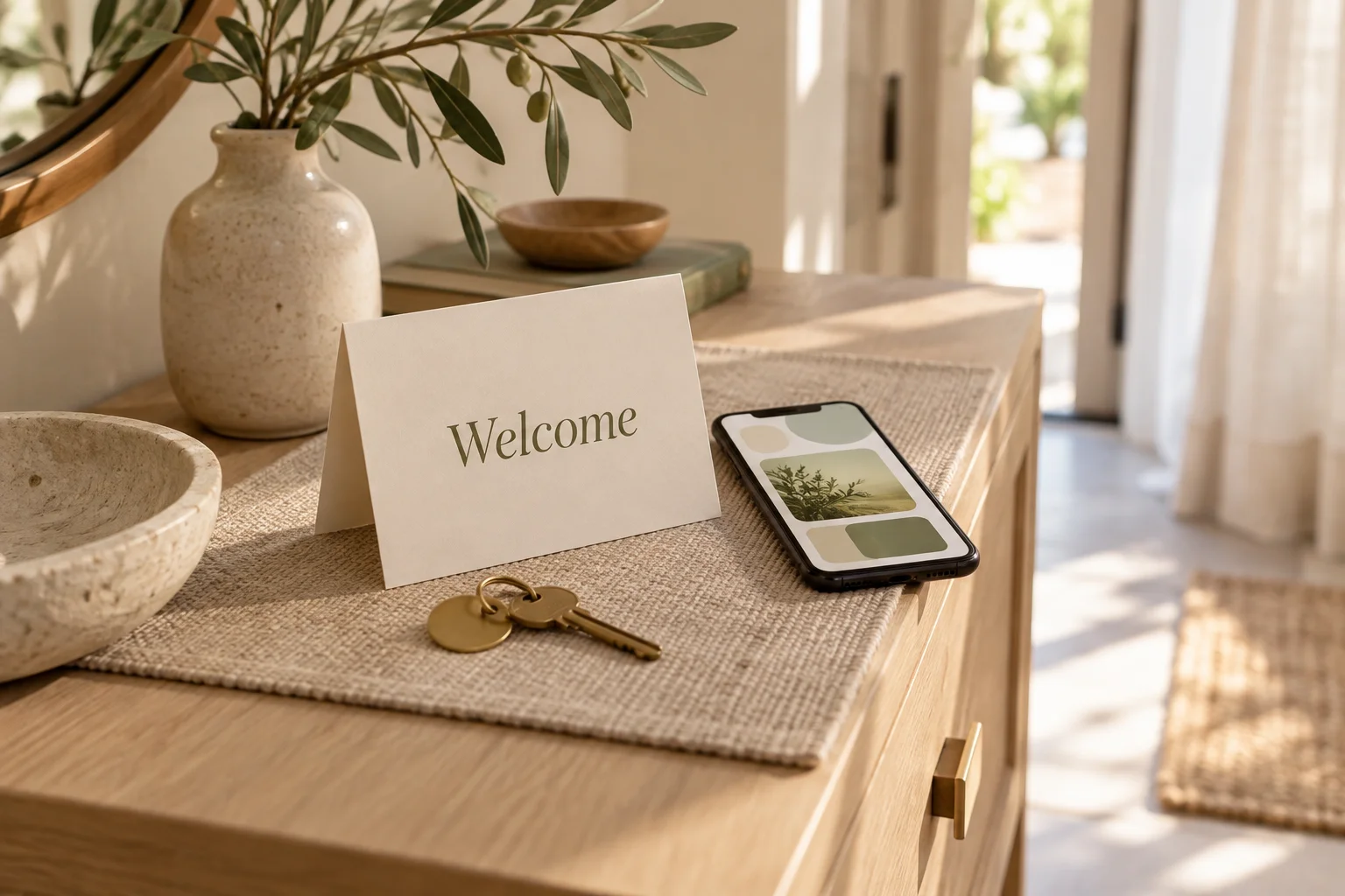 A welcome card, phone and keys in a sunny holiday home