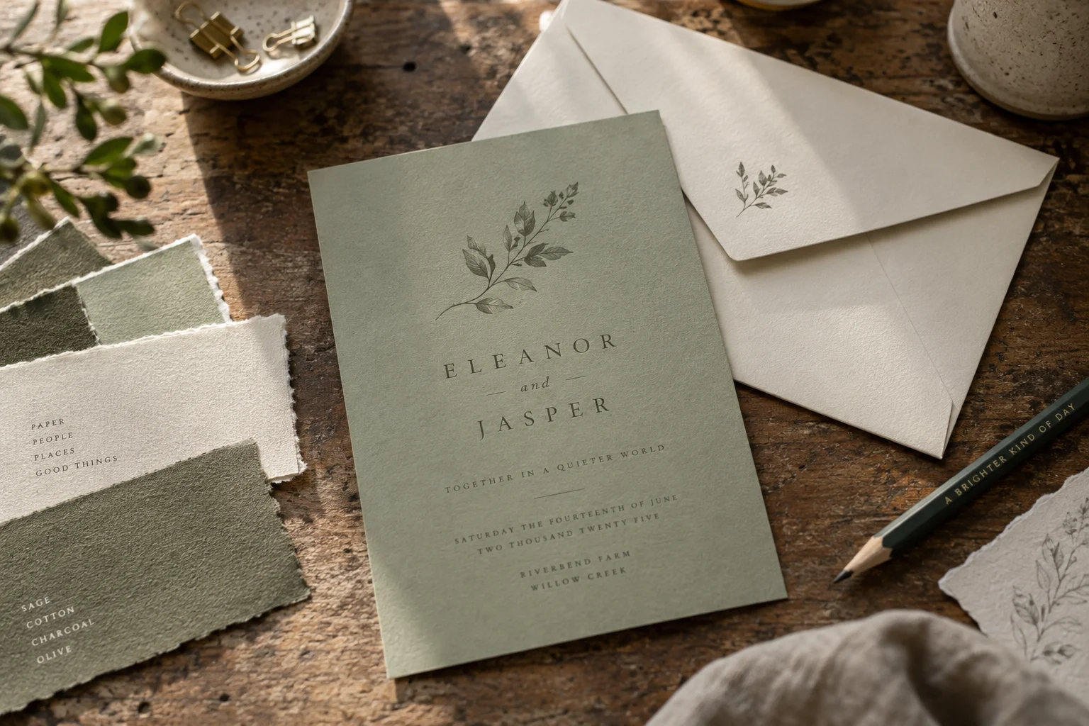 A sage invitation proof, paper swatches and an envelope on a printmaker’s table