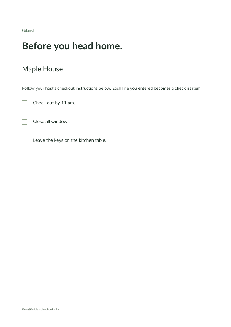 Willow House checkout checklist