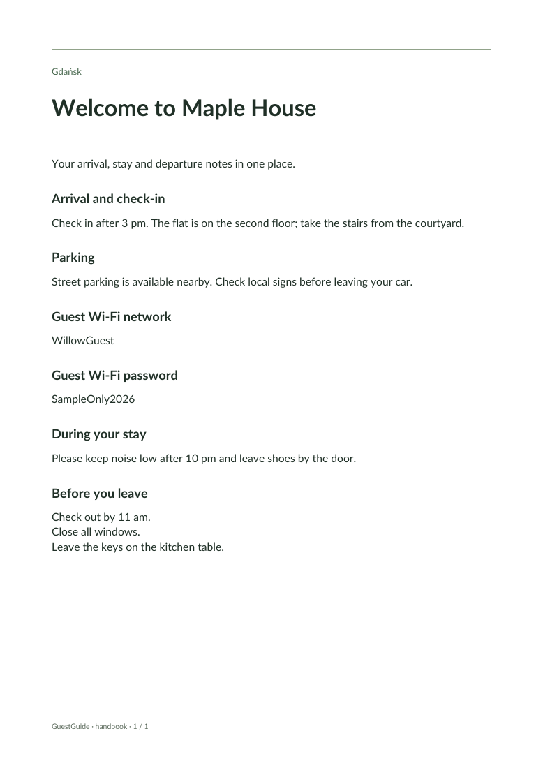 First page of the Willow House guest handbook