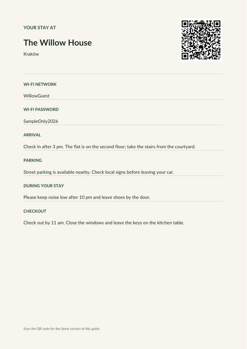 The Willow House printed arrival, Wi-Fi, house and checkout instructions