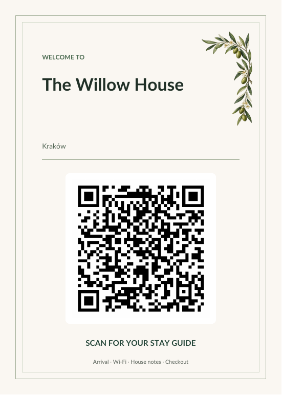 The Willow House finished welcome card with a QR code