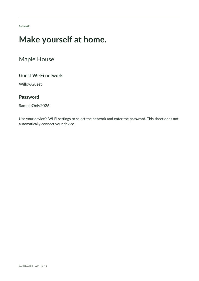 Willow House sample guest Wi-Fi sheet